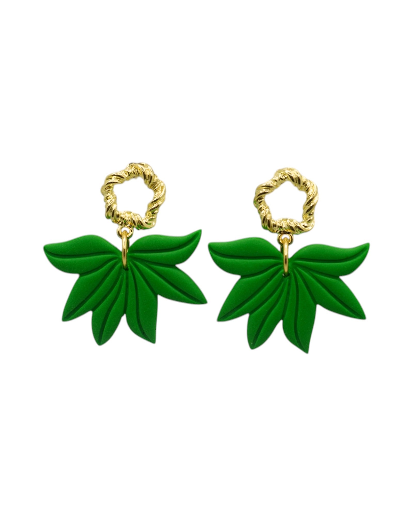 Boucles d'oreilles ROXANNE — pendentif feuilles argile polymère doré fait main